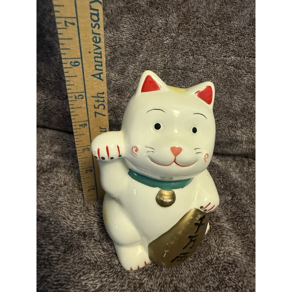 Maneki Neko Welcoming Lucky Beckoning Hands Waving Fortune Cat- White,7"H - Picture 6 of 6